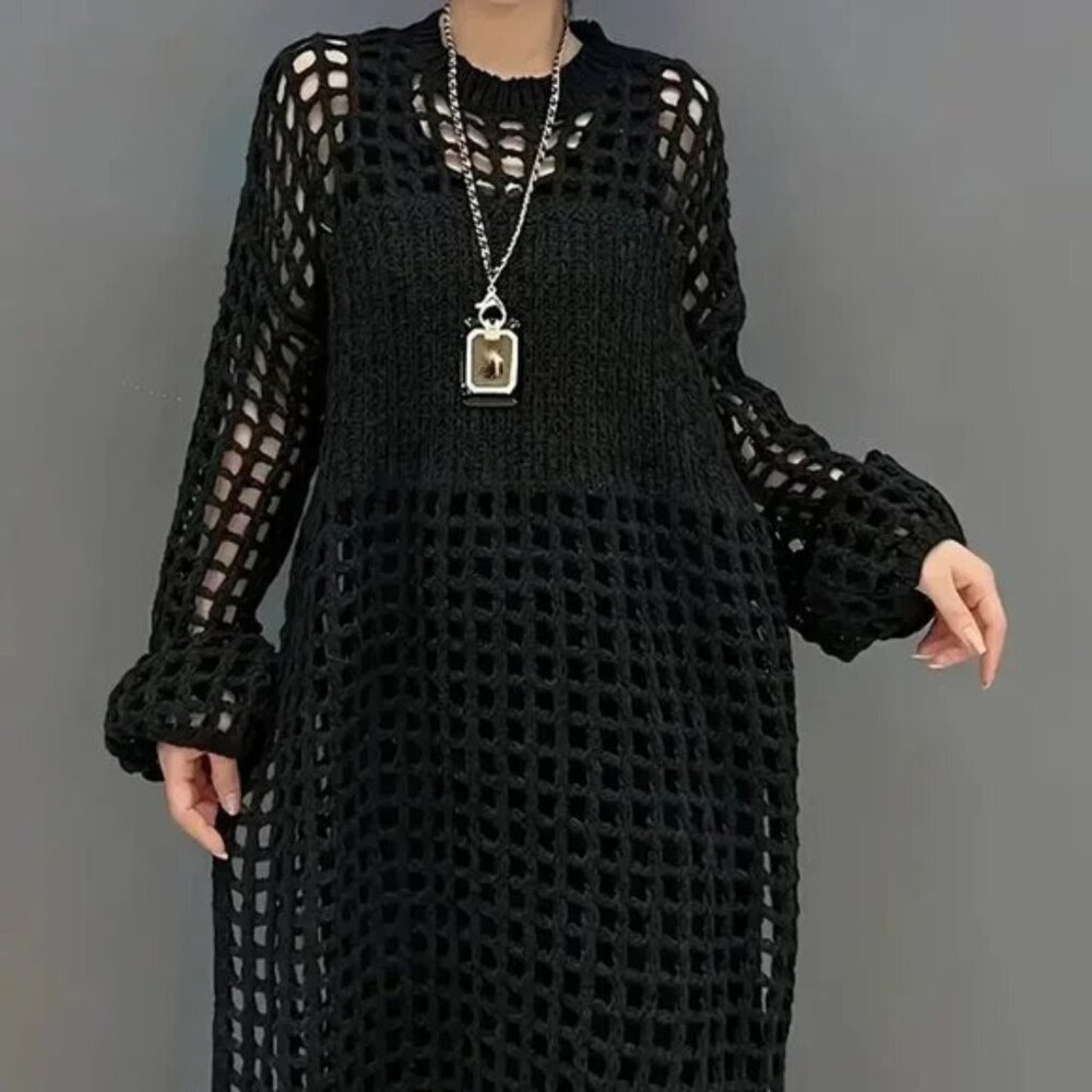 Open Knit Hollow Long Sweater Dress - Picture 4 of 11